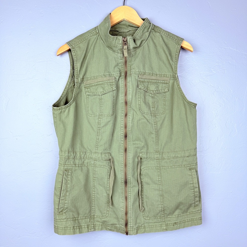 Vintage Merona Green Utility Vest Pockets Zip Up Size Large Layering Outdoors